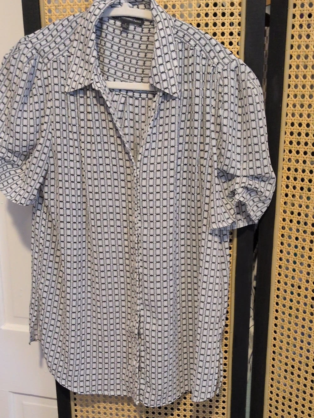 Adrianna Papell White and Navy Geometric Button-Down Shirt